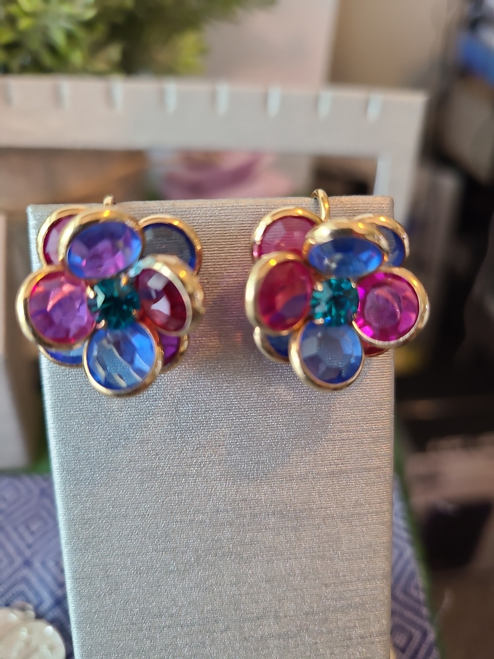 Gold-Tone Multicolor Flower Stud Earrings - Blue & Pink